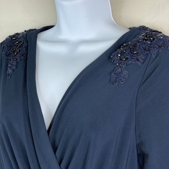 Vintage Y2K Womens Old Money Faux Wrap Dress 12 Petite Beaded Lace Flare Lorelai - Picture 2 of 14